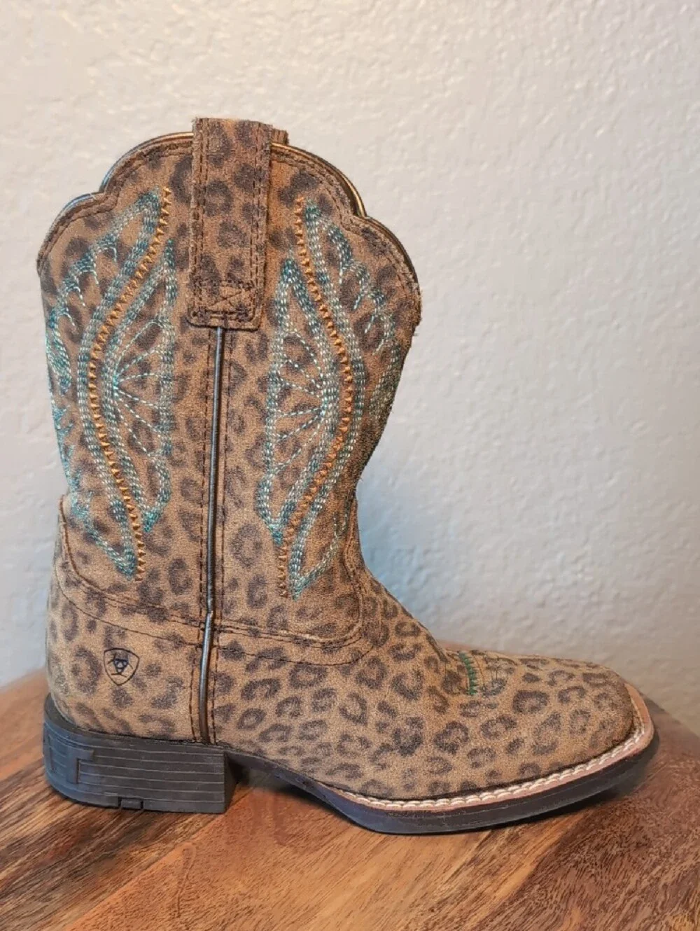 Kids Leopard Print Western Boots with Turquoise Stitching